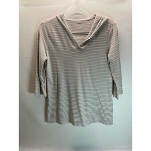Horny Toad Striped White Tan Hooded Half Sleeve T-shirt Top Size Medum